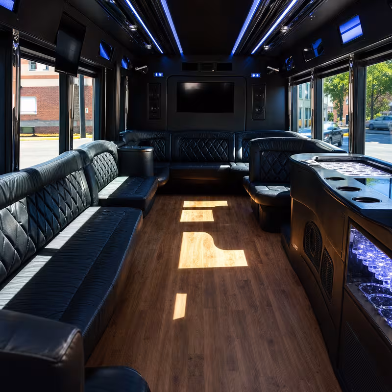 Friends laughing during a Milwaukee party bus celebration