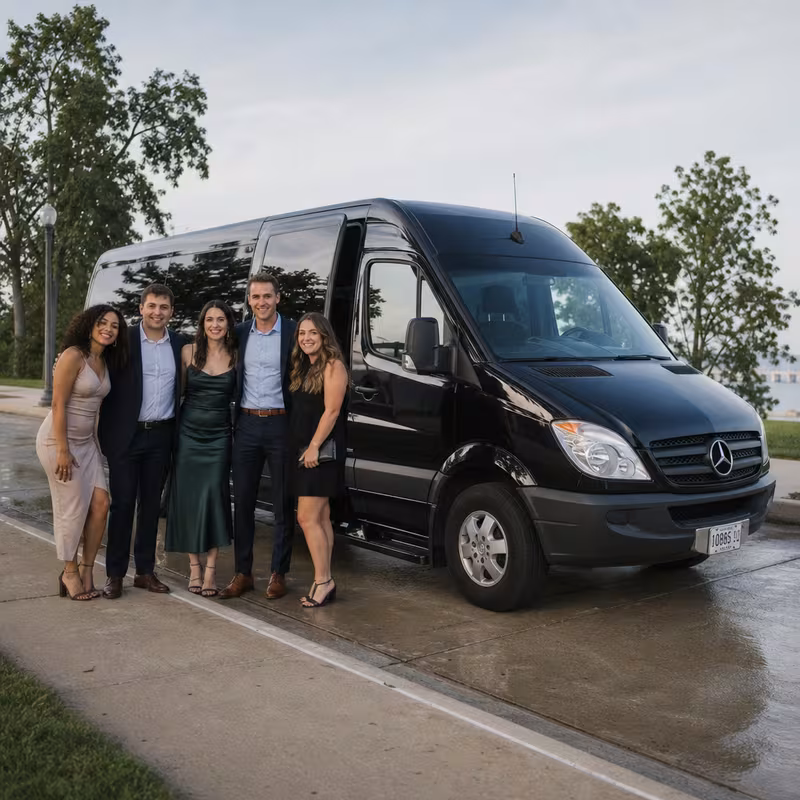Group beside a Mercedes Sprinter limo from the Milwaukee fleet