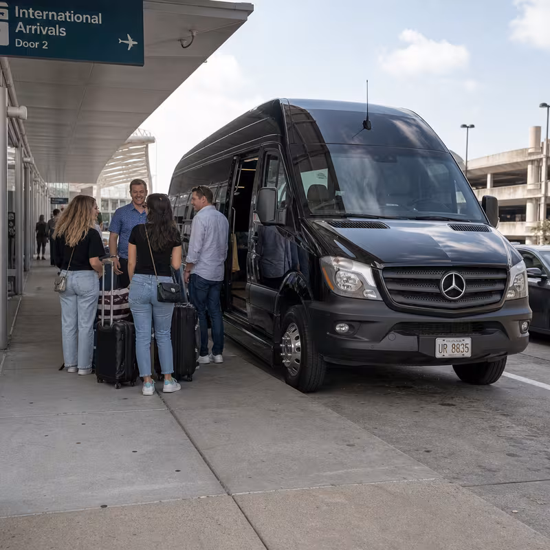 Group boarding a white charter bus for Airport Transportation transportation in Milwaukee