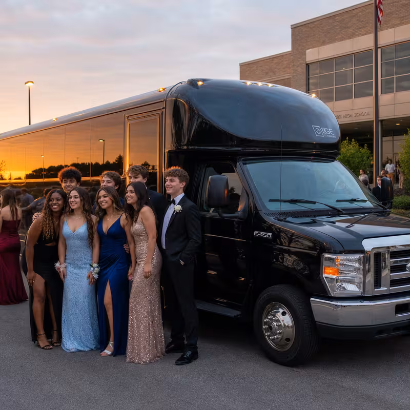 Group boarding a white charter bus for Prom & Homecoming Transportation transportation in Milwaukee