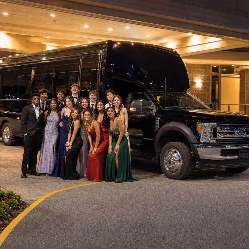 Party bus interior with wraparound leather seating and LED lighting in Milwaukee