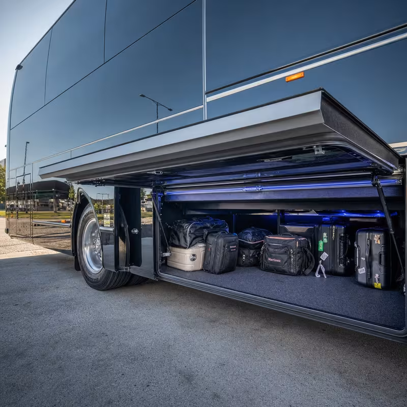 Party bus interior with wraparound leather seating and LED lighting in Milwaukee