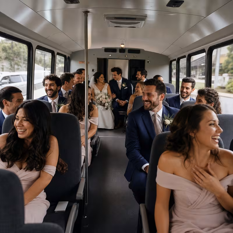 Group boarding a white charter bus for Wedding Transportation transportation in Milwaukee