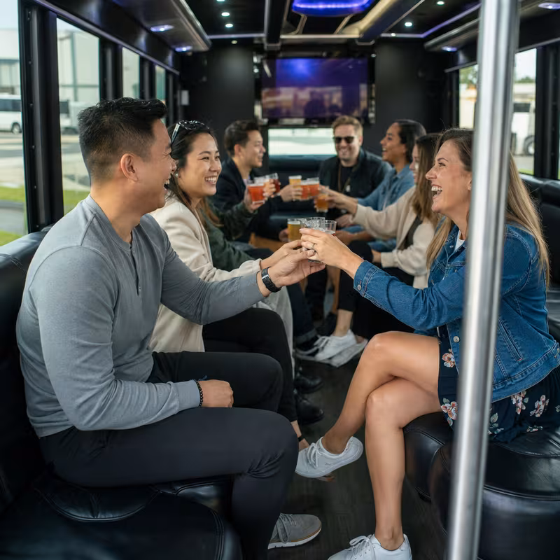 Group boarding a white charter bus for Winery & Brewery Tour Transportation transportation in Milwaukee